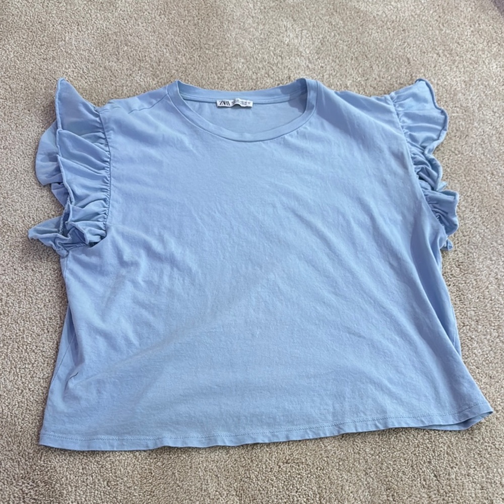 ZARA Women's Blue Ruffle Sleeve Top